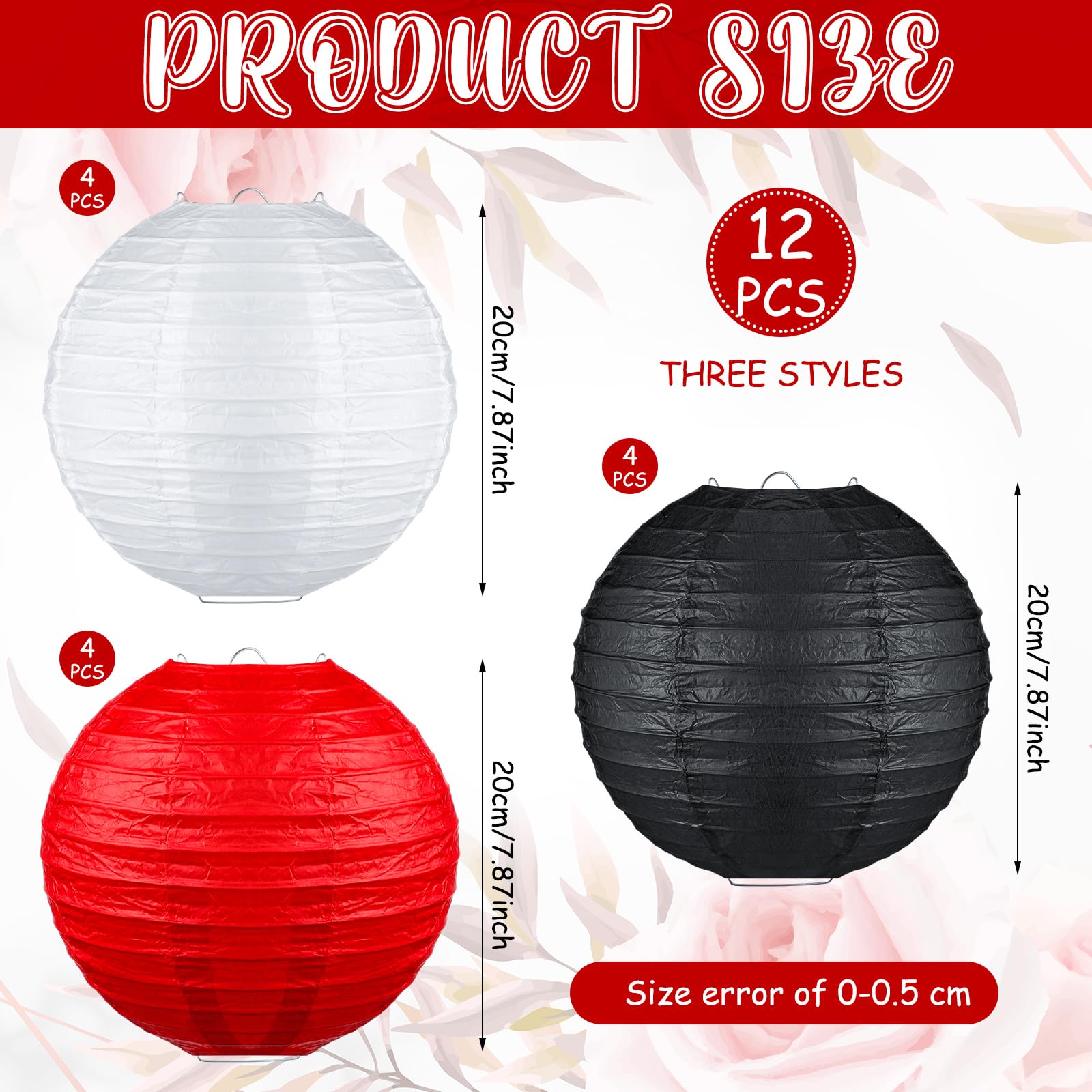Panelee 12 Pcs Black Red White Party Decoration 8 Inches Hanging Round Lanterns Hanging Paper Lantern Decoration for Wedding Graduation Birthday Theme Party Decor Supplies