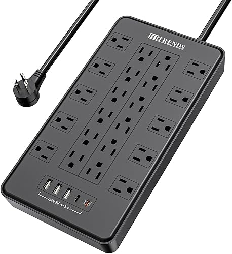 Miniatura 13 de Regleta de alimentación, protector de sobretensiones HITRENDS con 12 salidas y 4 puertos USB (5V/2.4A) y 1 puerto USB-C (5V/3A), 1875W/15A, enchufe