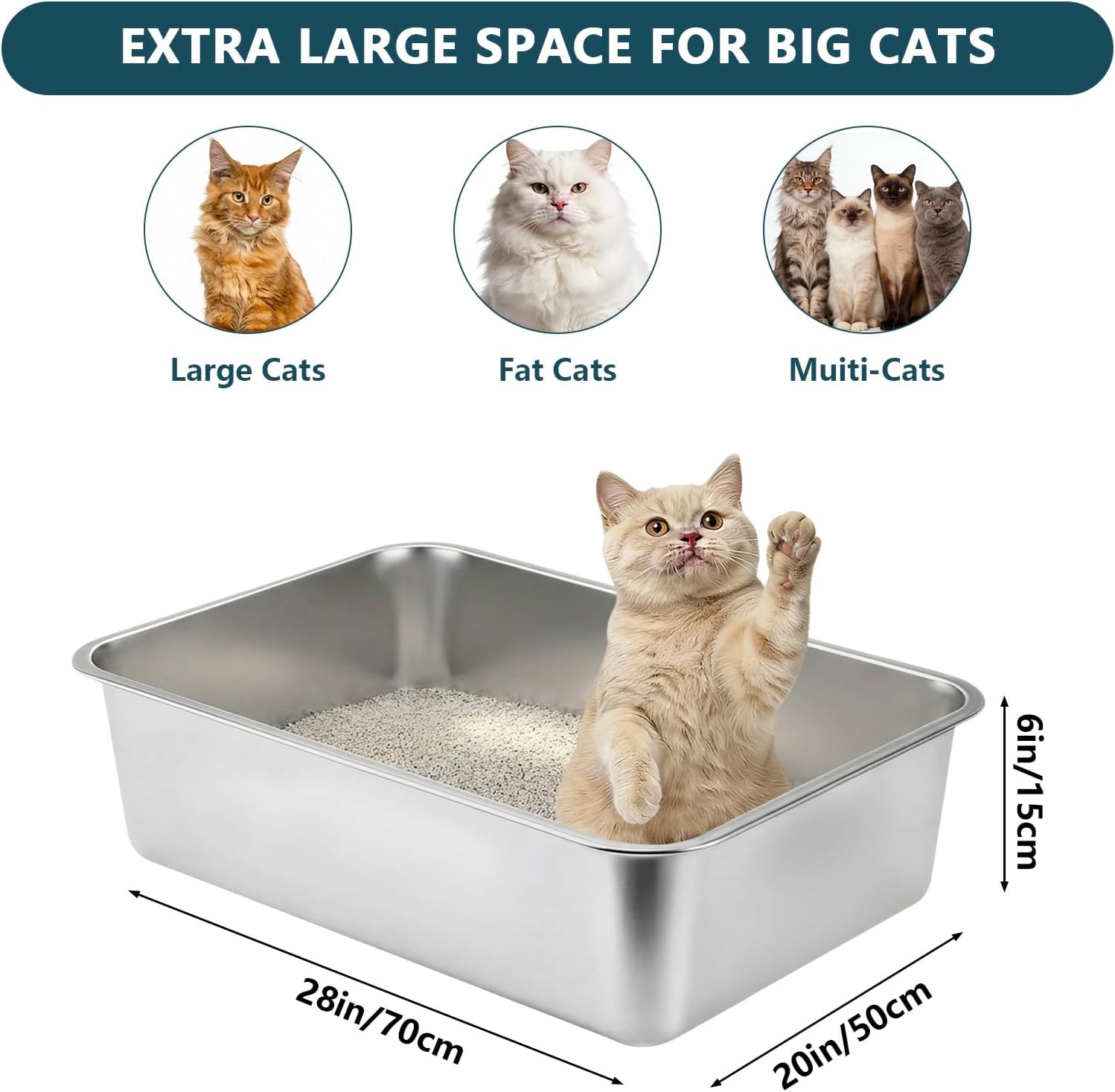 Homegroove XXXL Stainless Steel Litter Box 2 Pack, 28"x20"x6" Extra Large Metal Cat Litter Box with High Sides, Non-Stick Easy to Clean Surface, Jumbo Size for Big Cats & Multiple Cats