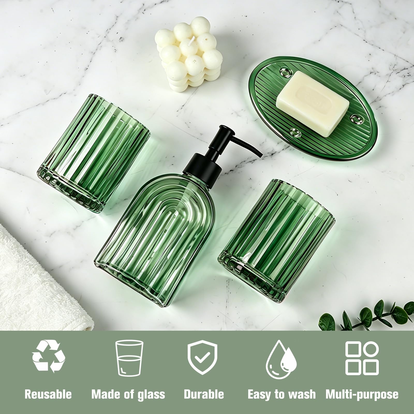Badezimmer Set of 4 – 400ml Seifenspender, 2 Zahnputzbechern & Seifenschale | Grün Bad Zubehör Set, Badezimmer Organizer für Zahnbürsten&Wattestäbchen, Regenbogen-Muster, Edle Badezimmer Deko