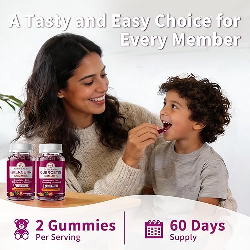 Miniatura 8 de Paquete de 2 gomitas de quercetina con bromelina, saúco, zinc y vitamina C, suplemento de quercetina masticable de 700 mg para inmunidad, alergia,