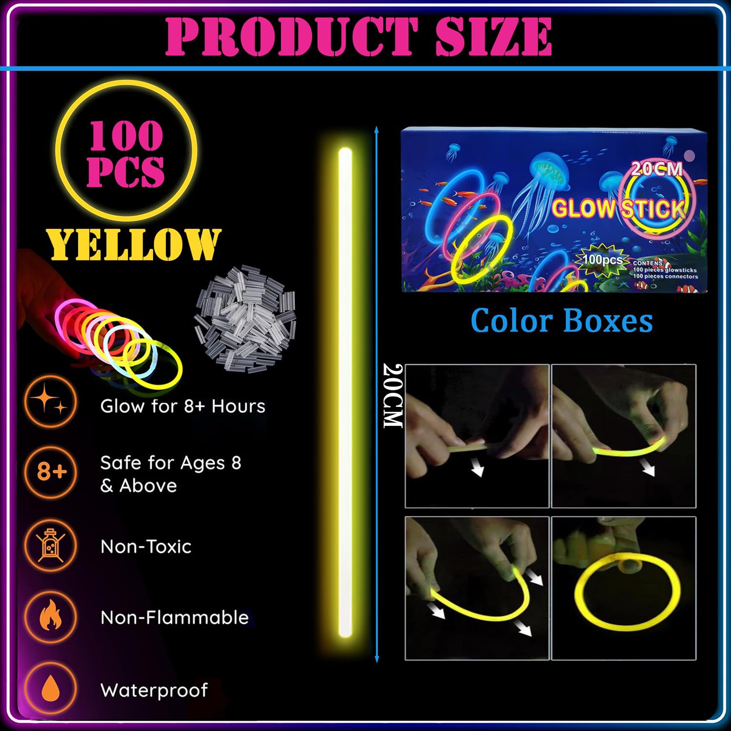 100Pcs Glow Sticks Party Packs with Connectors,20cm Glowsticks,Glow in the Dark Supplies,Long Lasting Glow Stick Necklaces Bracelets Glasses Accessories for Kids Adults Easter Party Supplies-Yellow - Image 2