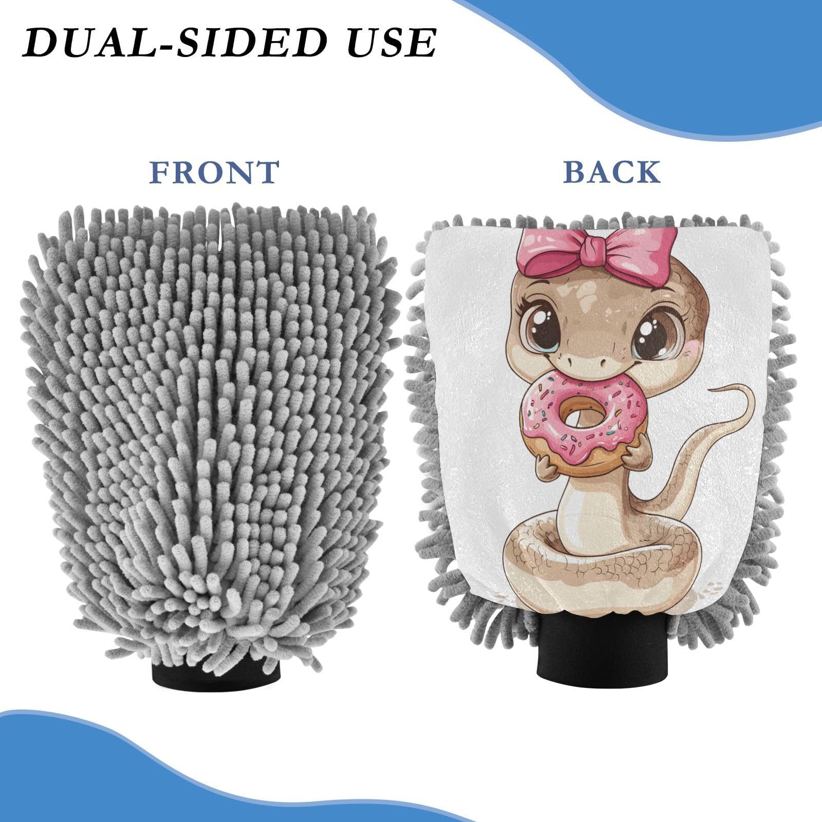 STAYTOP Cute Snake Wearing Bow Tie Car Wash Mitt Microfiber, 2Pcs Scratch Free Lint-Free, Premium Chenille Microfiber Mitt Car Wash Brush-M