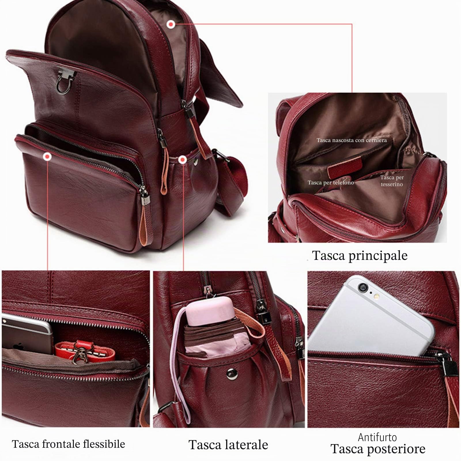 FANDARE Vera Pelle Zaino Donna Moda Zaini Impermeabile Zainetto Backpack per Università Scuola Viaggio Lavoro Shopping Zaino Wine Red