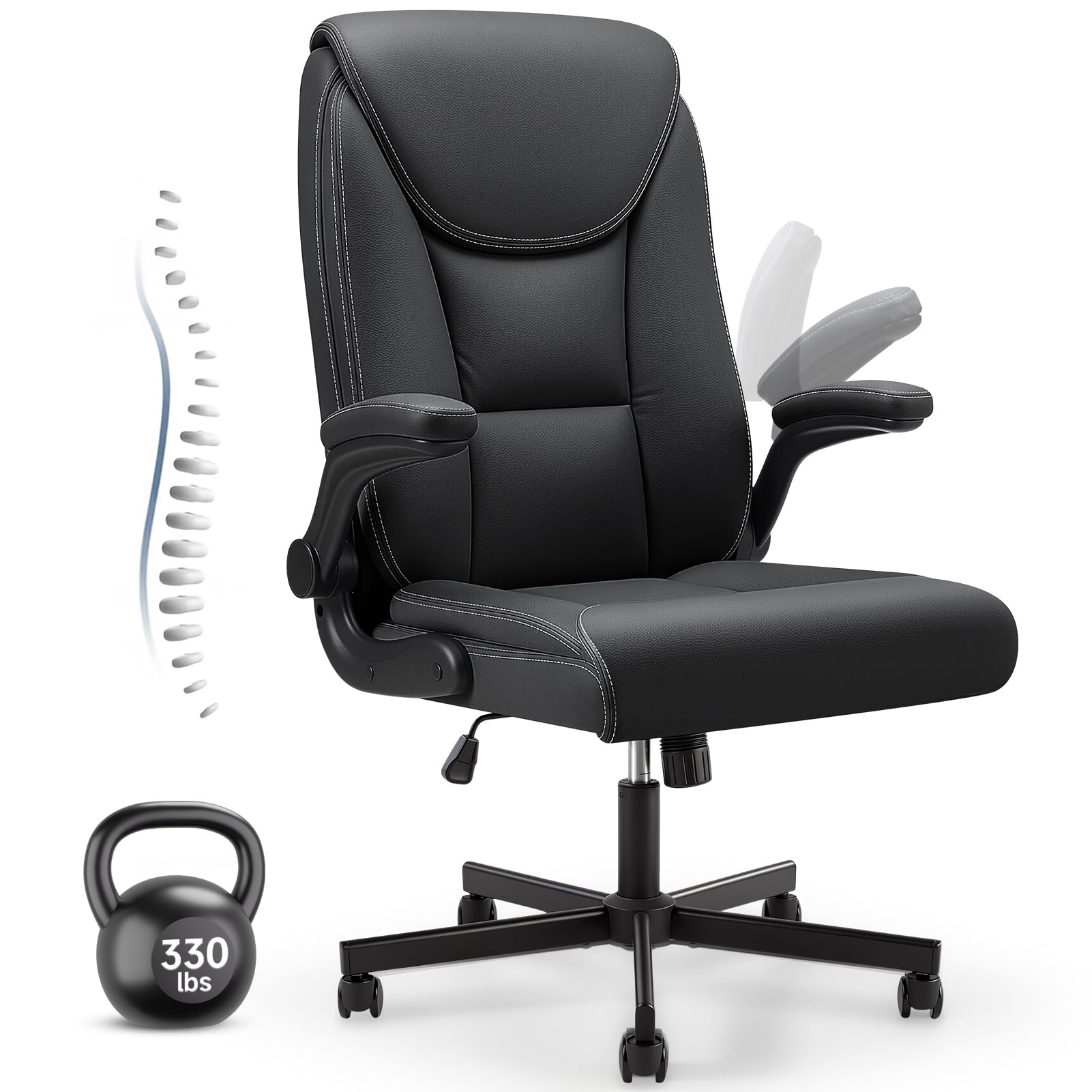Warmiehomy Executive Office Chair, Desk Chair with 90° Flip-up Armrests, Height-Adjustable Swivel Chairs for Working Study, PVC Leather Office Chairs for Home 55 * 54 * 120CM, Black