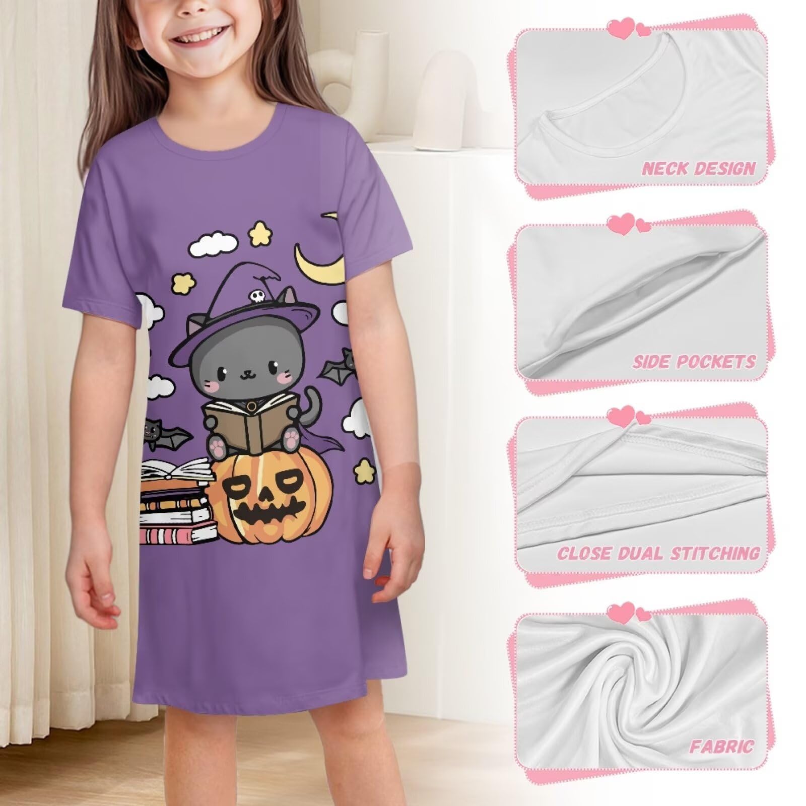Camisón de manga corta para niñas 3-4, 5-6, 7-8, 9-10, 11-12, 13-14