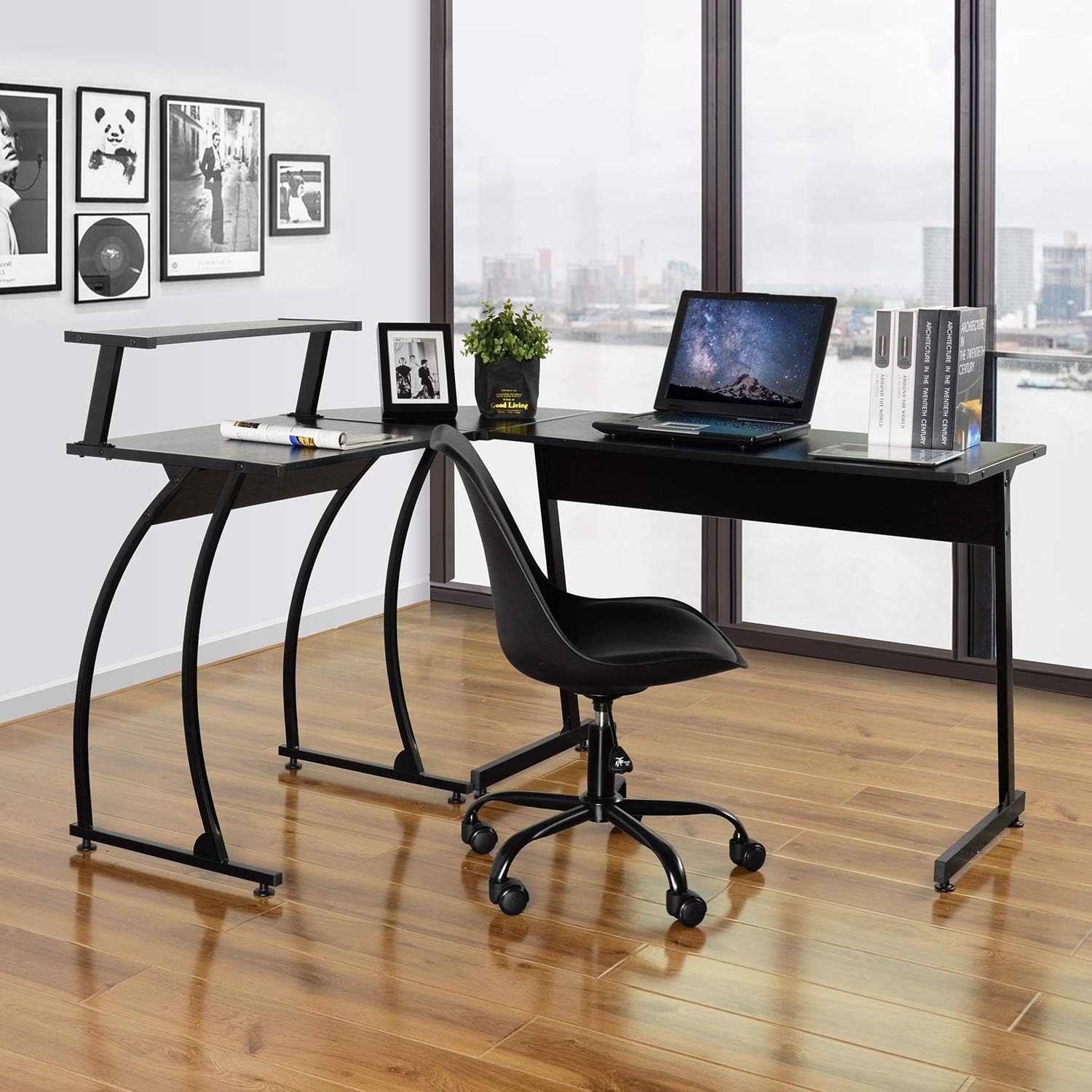 GreenForest L Shaped Corner Desk, 58.1” x 44.3” Computer Gaming Desk with Shelf PC Laptop Workstation for Home Office, Black