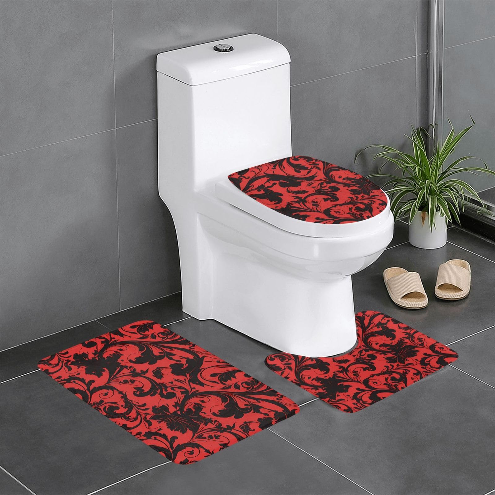 Tapis de salle de bain antidérapants YYHWHJDE lot de 3 pour WC et lavabo noir et rouge