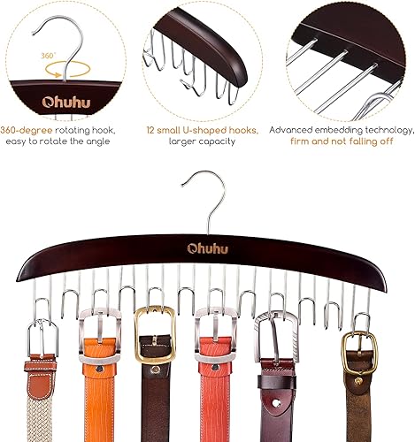 Miniatura 8 de Ohuhu - Organizador para colgar cinturones para armario Ohuhu 12 ganchos máx. 36 cinturones, soporte de cinturón de madera para almacenamiento,