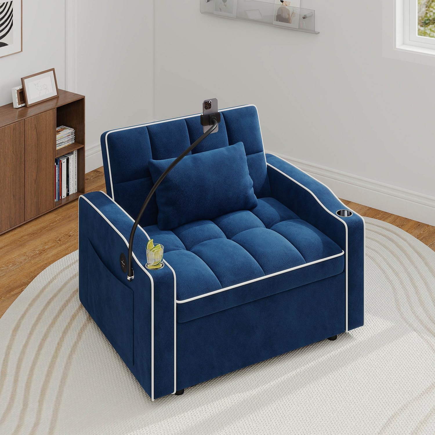 Blue Corduroy Guest Chair with Pull Out Bed Convertible Sleeper Chair for Office Lounge Seating Accent Chair with USB Sofa Bed with Cup Holder Modern Guest Seating for Living Room, Folding Bed Chairs