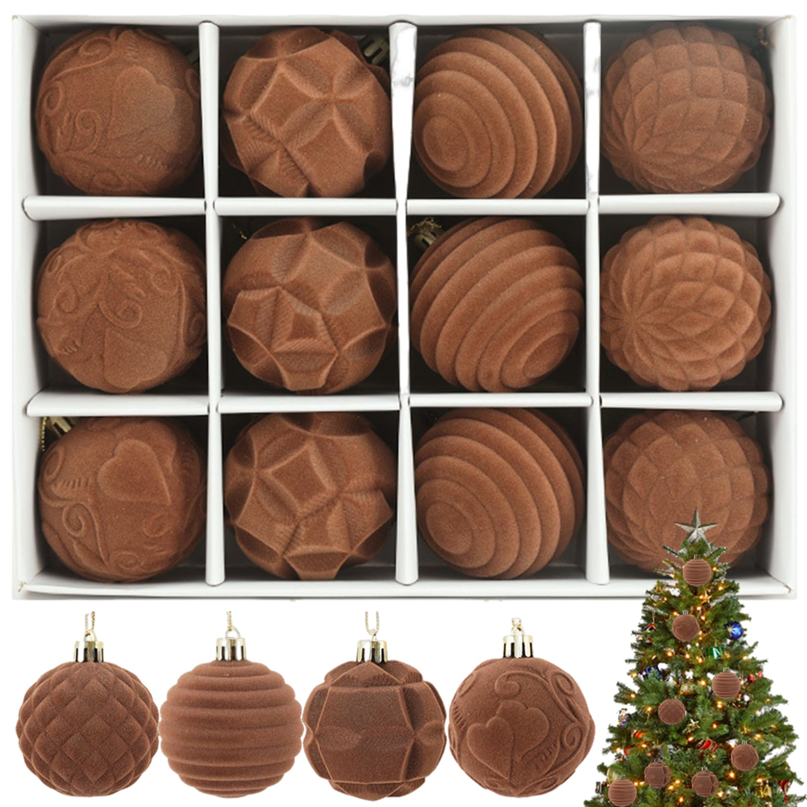 Boules de Noël incassables velours marron lot 12 suspensions 2,4"