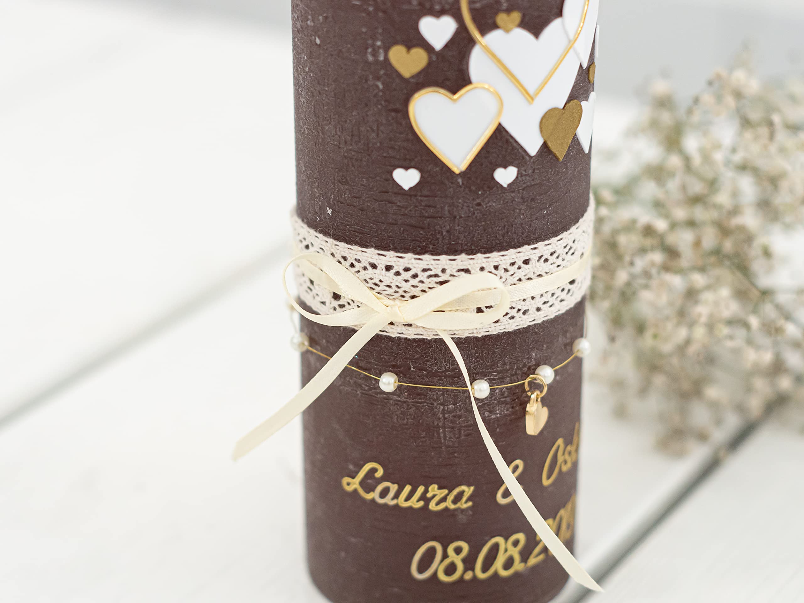 Hochzeitskerze Rustik Mallow Traukerze mit Namen und Datum, individuell, persönlich u. handgemacht 17217