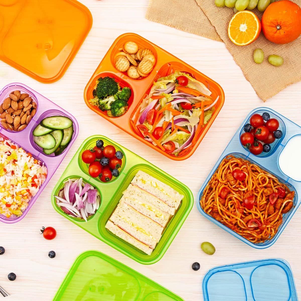Caperci Bento Lunch Box Containers - Premium Reusable 46-oz Meal Prep Food Storage for School, Work, Travel, Built-In Reusable Utensil, Set of 4 (Jewel Brights)