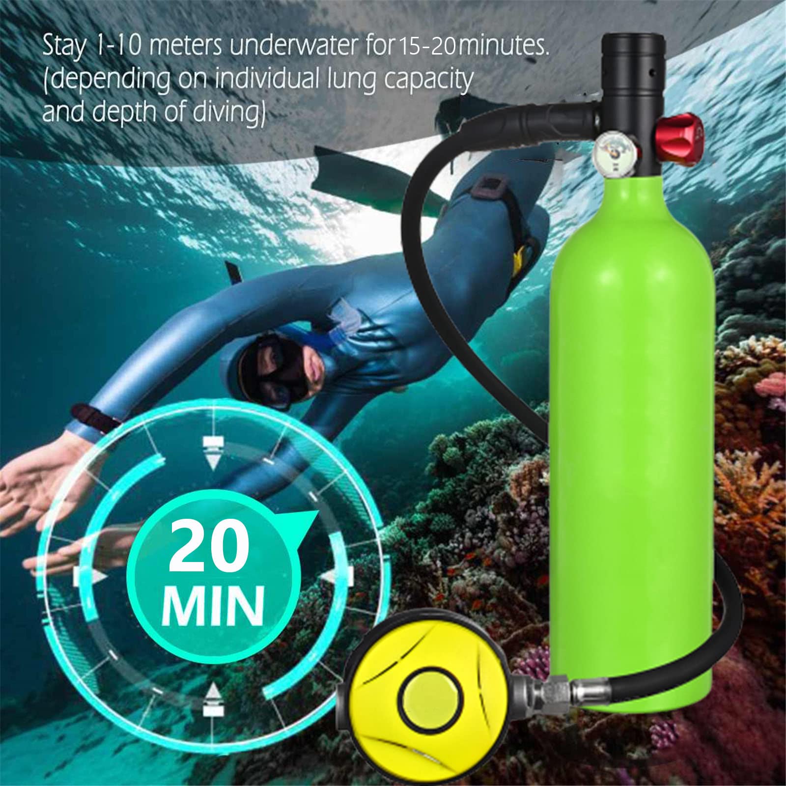 Tanque de Buceo Portátil, Aluminio de Aviación 1L Capacidad de 20Min Mini Tanque Oxígeno Buceo Respirador Subacuático Cilindro de Buceo Pulmones Kit de Equipo Buceo Snorkeling con Inflador