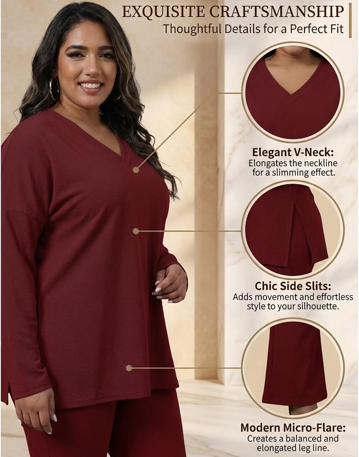 IyMoo Womens Plus Size Pants Suits Tracksuits 2 Piece Set Outfits Long Sleeve V Neck Slit Pullover Flare Leg Loungewear