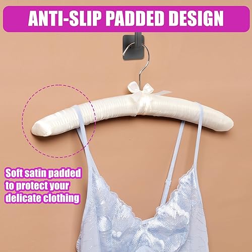 Miniatura 4 de Amber Home Perchas acolchadas grandes de satén marfil de 17 pulgadas para ropa de mujer, paquete de 5, perchas acolchadas antideslizantes para