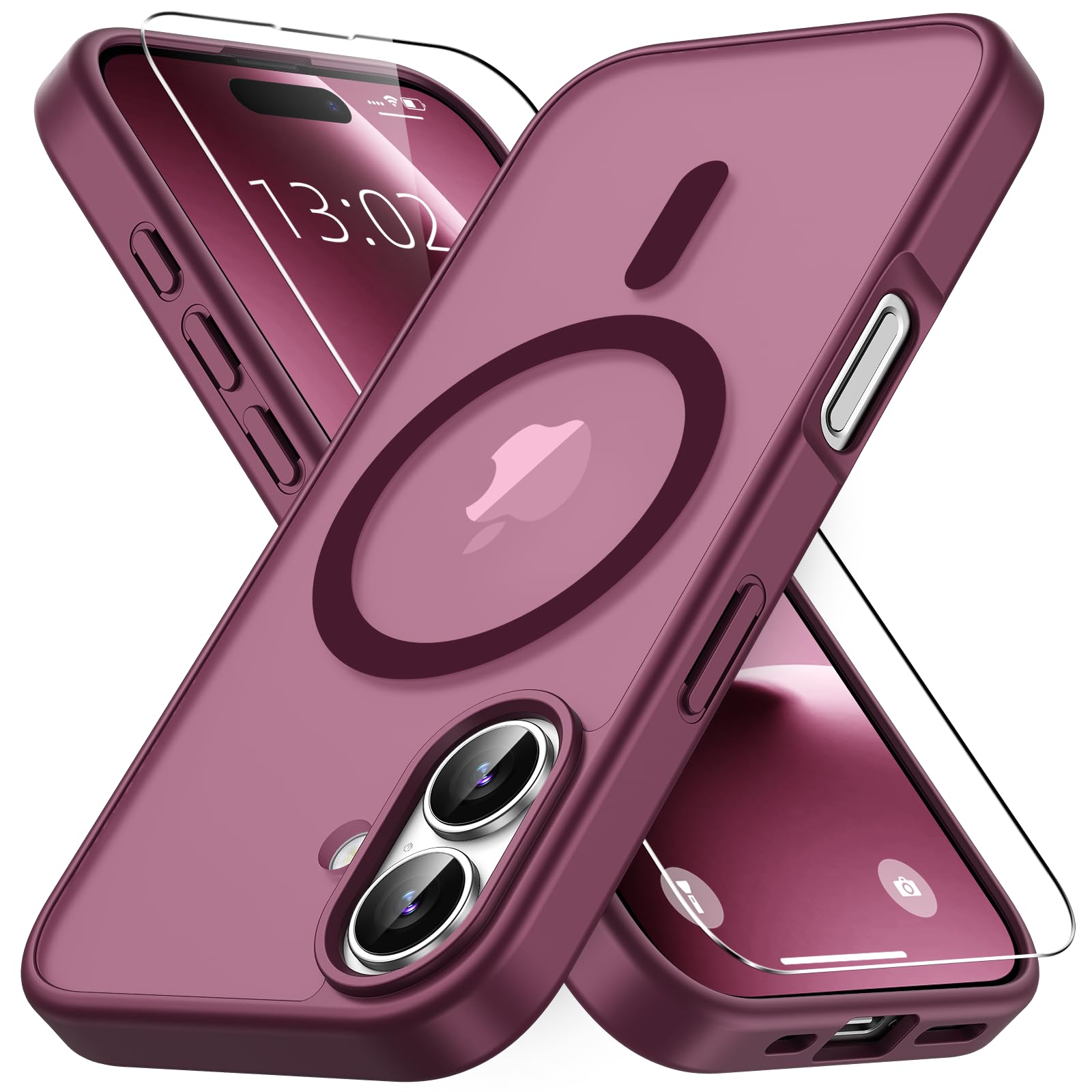 Vansdon Cover Magnetica per iPhone 16 con 1 Pezzi Vetro Temperato, Compatibile con Magsafe, Protezione anticaduta di livello militare, Custodia Traslucida Opaca Sottile Antiurto-Bordeaux