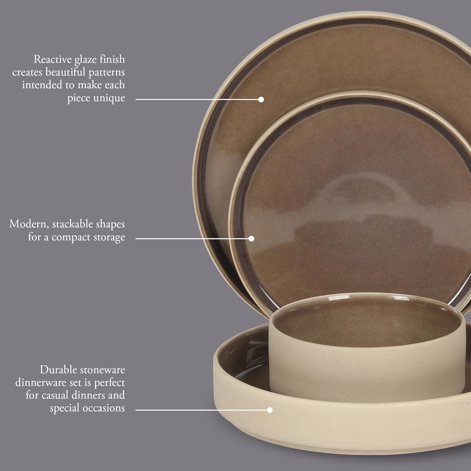 Gibson Elite Liberty Bay 16-Piece Pottery Clay Stoneware Dinnerware Set – Mocha Brown Reactive Glaze, Stackable Plates and Bowls W/Pasta Bowl, Service for 4 – Microwave & Dishwasher Safe