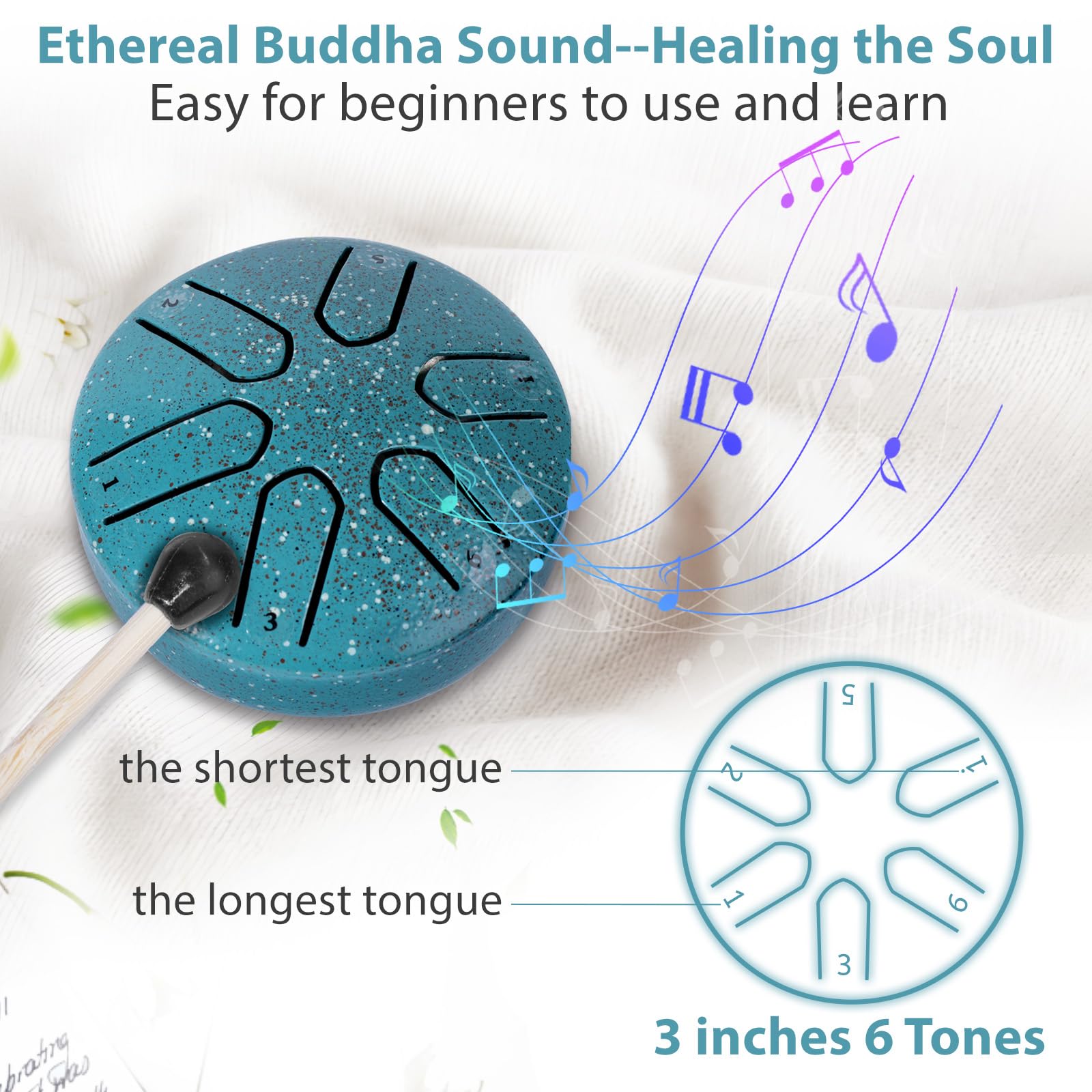 Steel Tongue Drum Mini 3 Pollici 6 Note Tamburo Handpan Strumento a Percussione Tamburi in Acciaio con Bacchette per Tamburi Note Sticks per Meditazione Yoga Zazen Sound Healing (Verde)