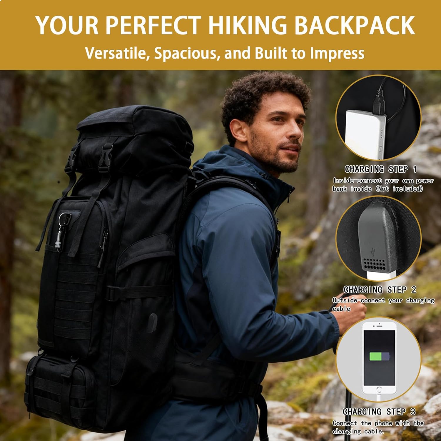 80L Camping Hiking Backpack, Large Military Tactical Backpack with USB Charging Port, Waterproof Travel Daypack With Carabiner Outdoor MOLLE Rucksack for Men Women (Black)