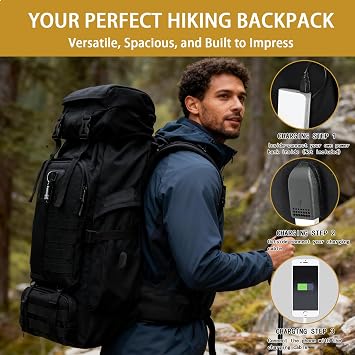 80L Camping Hiking Backpack, Large Military Tactical Backpack with USB Charging Port, Waterproof Travel Daypack With Carabiner Outdoor MOLLE Rucksack for Men Women (Black-Biner)