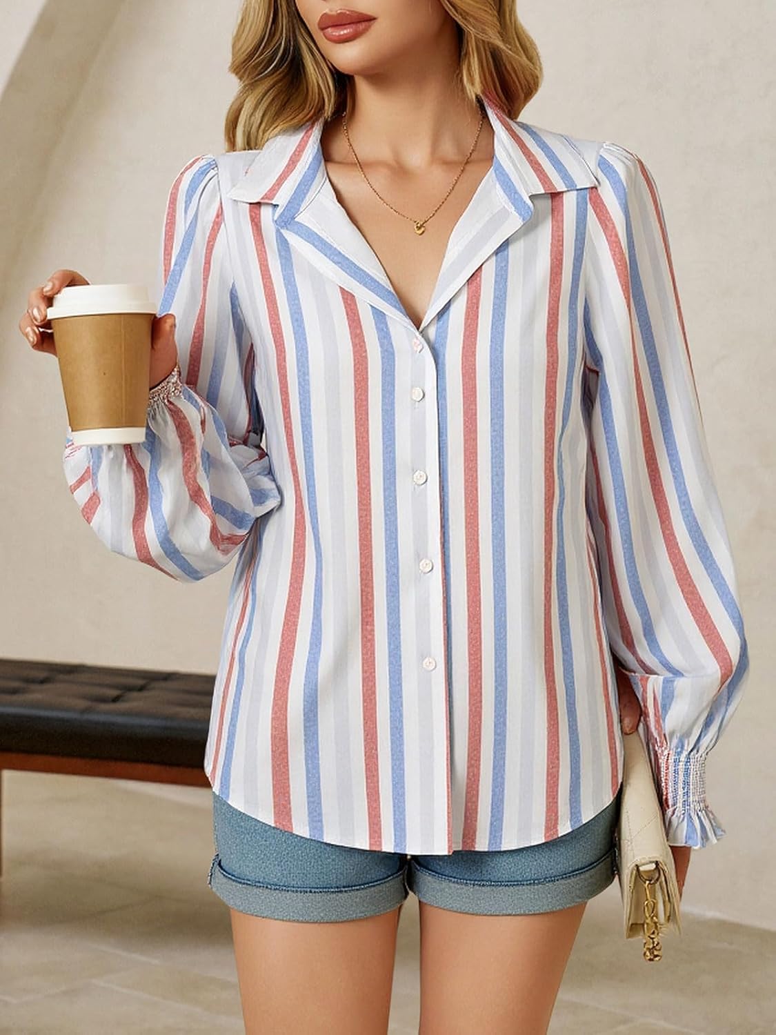 Yousify Womens Puff Long Sleeve Button Down Shirts Striped Casual Loose Fit Blouse Trendy Fall Tops - Image 2