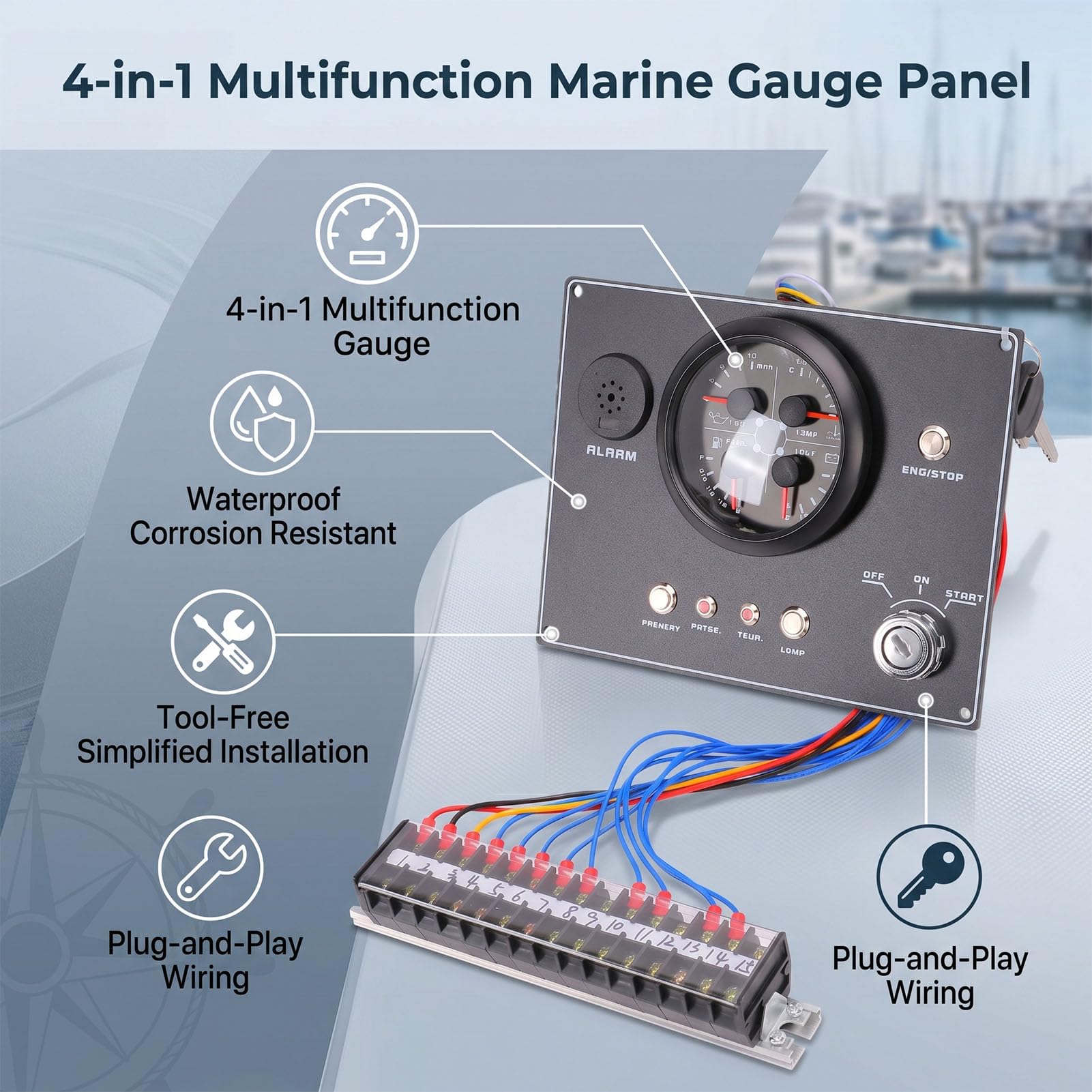 Cocoarm Panel de Instrumentos para Barcos Grupo de Indicadores Marinos de Metal y Plástico 12 V 4 en 1 Presión de Aceite Voltímetro de Temperatura del Agua Pantalla de Nivel de Aceite para Yates RVs