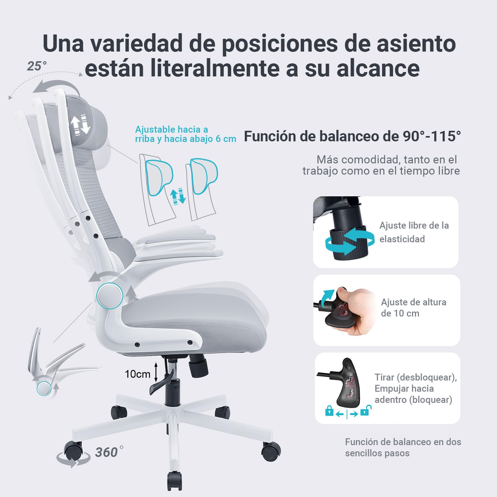 MELOKEA Silla de Oficina, Silla de Escritorio, Reposabrazos Abatibles, Gris | Reposacabezas Ajustable, Asiento Mullido, Soporte Lumbar Ergonómico, Transpirable, Ahorro de Espacio, Certificada EN 1335