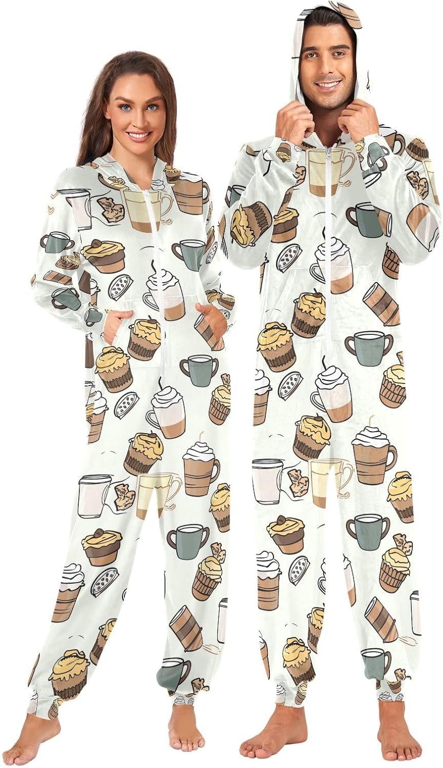 Coffee Cup Cake Zipper Hooded Adult Jumpsuit Pajamas with Pockets XS-3XL