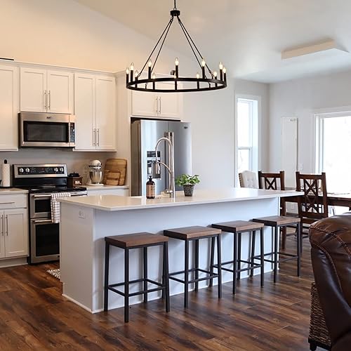 Miniatura 3 de BAOURE Candelabro negro de 12 luces con ruedas de carro, 38 pulgadas, rústica, rústica, grande, redonda, colgante, lámpara de hierro industrial para