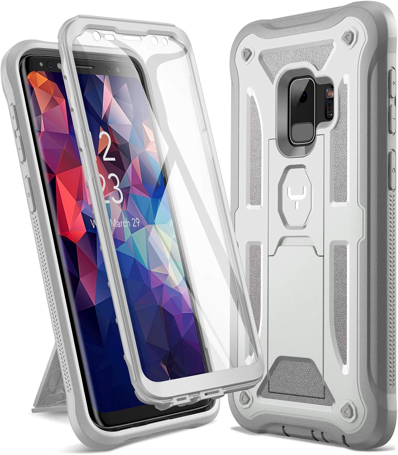 YOUMAKER Designed for Galaxy S9 Case, Heavy Duty Protection Kickstand with Built-in Screen Protector Shockproof Case Cover for Samsung Galaxy S9 5.8 inch - White