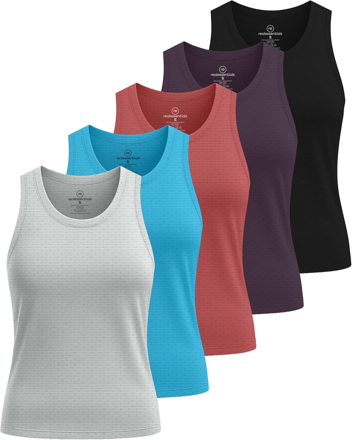 Real Essentials 5 Pack: Women’s Breeze Tech Racerback Tank Top – Sleeveless Workout Athletic Running Shirt (Plus Available)