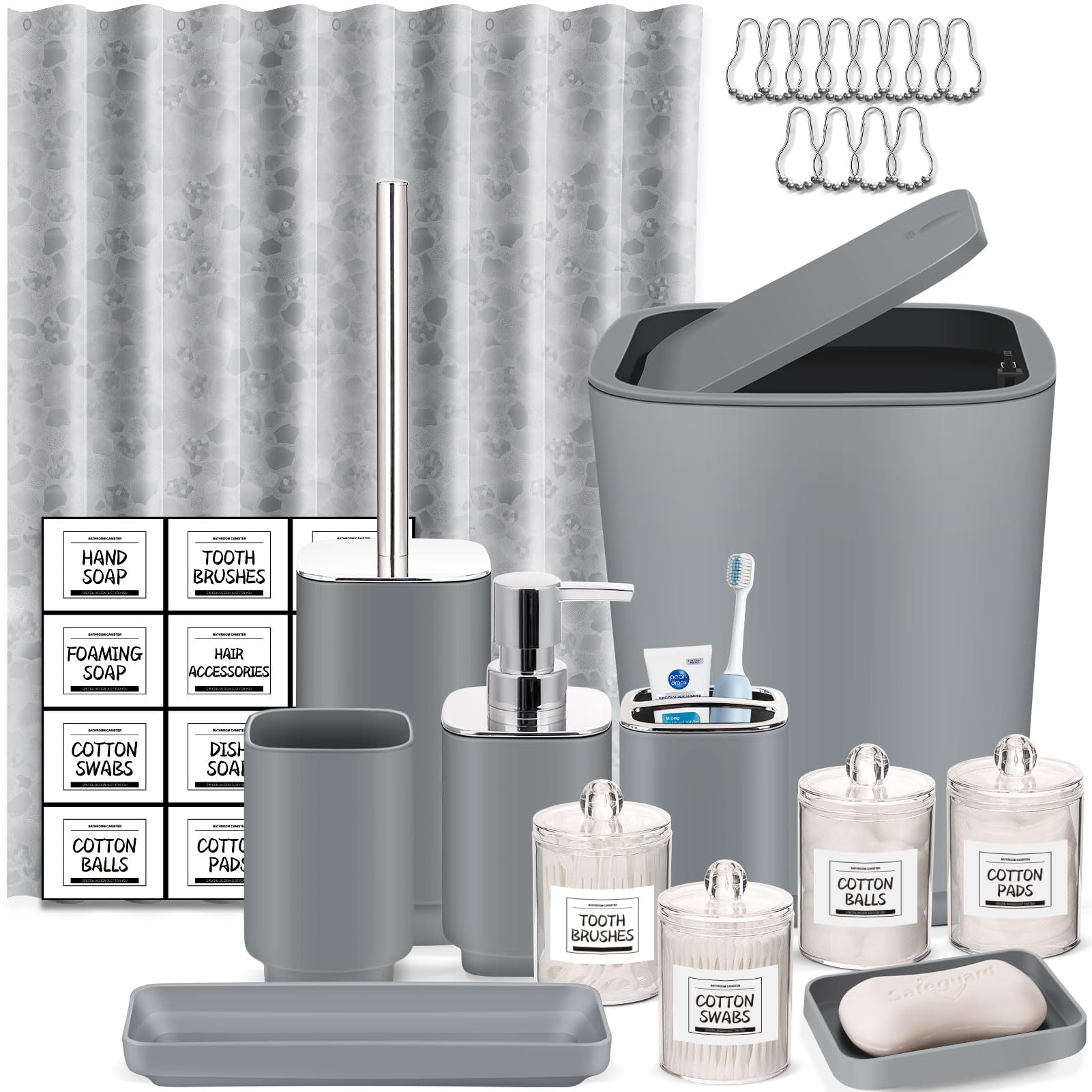 Bathroom Set,22 Piece Bathroom Accessories Set,Grey Shower Curtain,Tray,Soap Dispenser,Toothbrush Holder,Cup,Soap Dish,Toilet Brush,Qtip Holders,Trash Can for Bathroom Décor and Housewarming Gifts