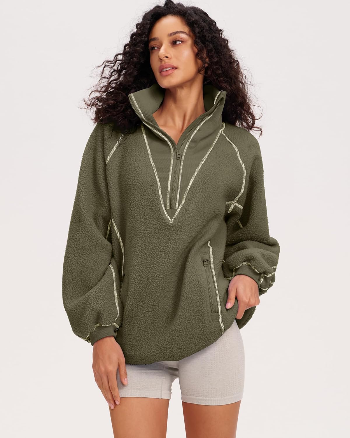 Gacaky Womens Fuzzy Fleece Pullover Fall Oversized Sweatshirt Quarter Zipper Hoodies Tops Fashion Outfits Clothes - Image 7