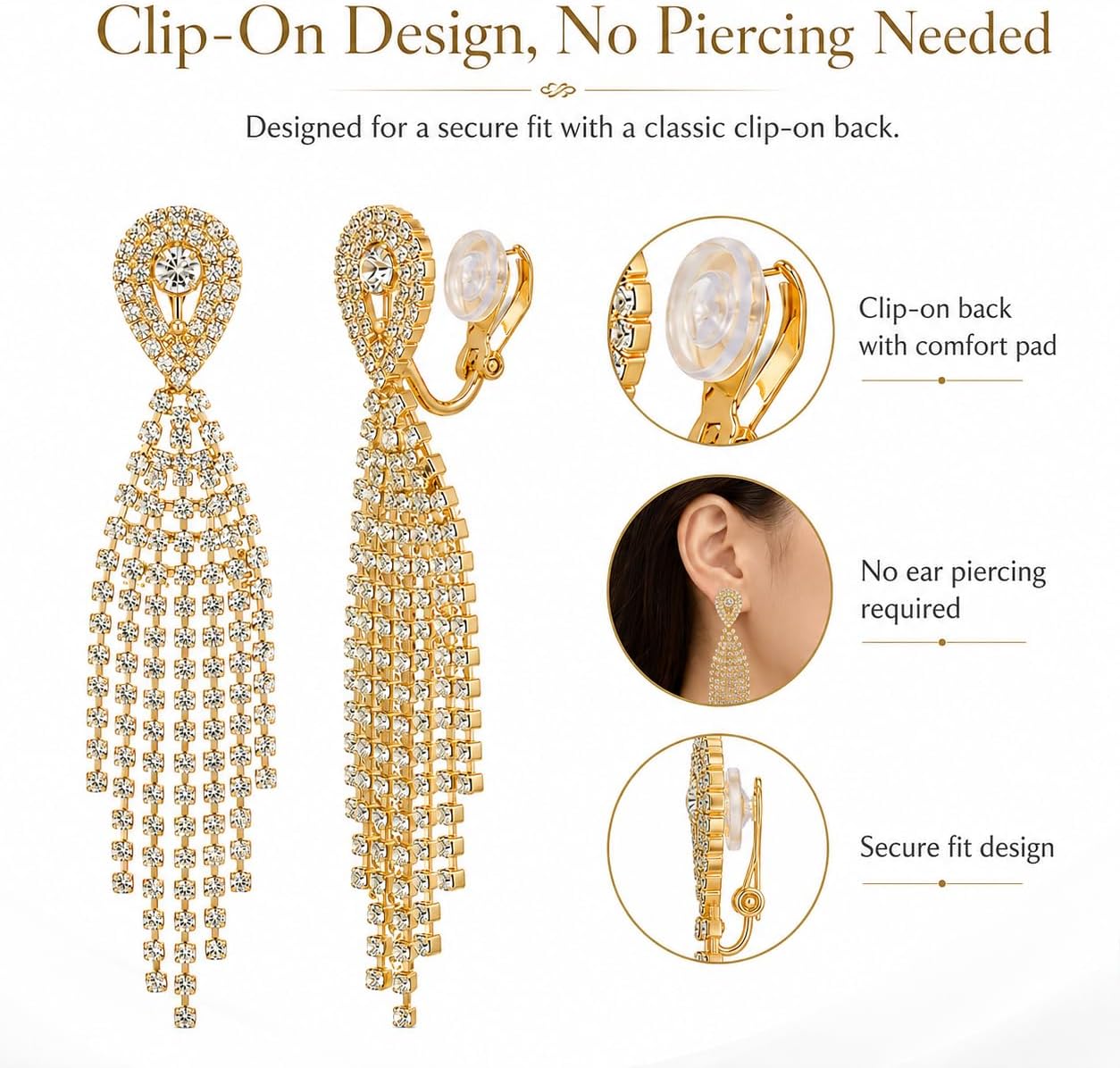 Rhinestone Clip on Earrings for Women Gold/Silver Prom Dresses 2026 Sparkly Chandelier Long Earrings Wedding Guest Jewelry