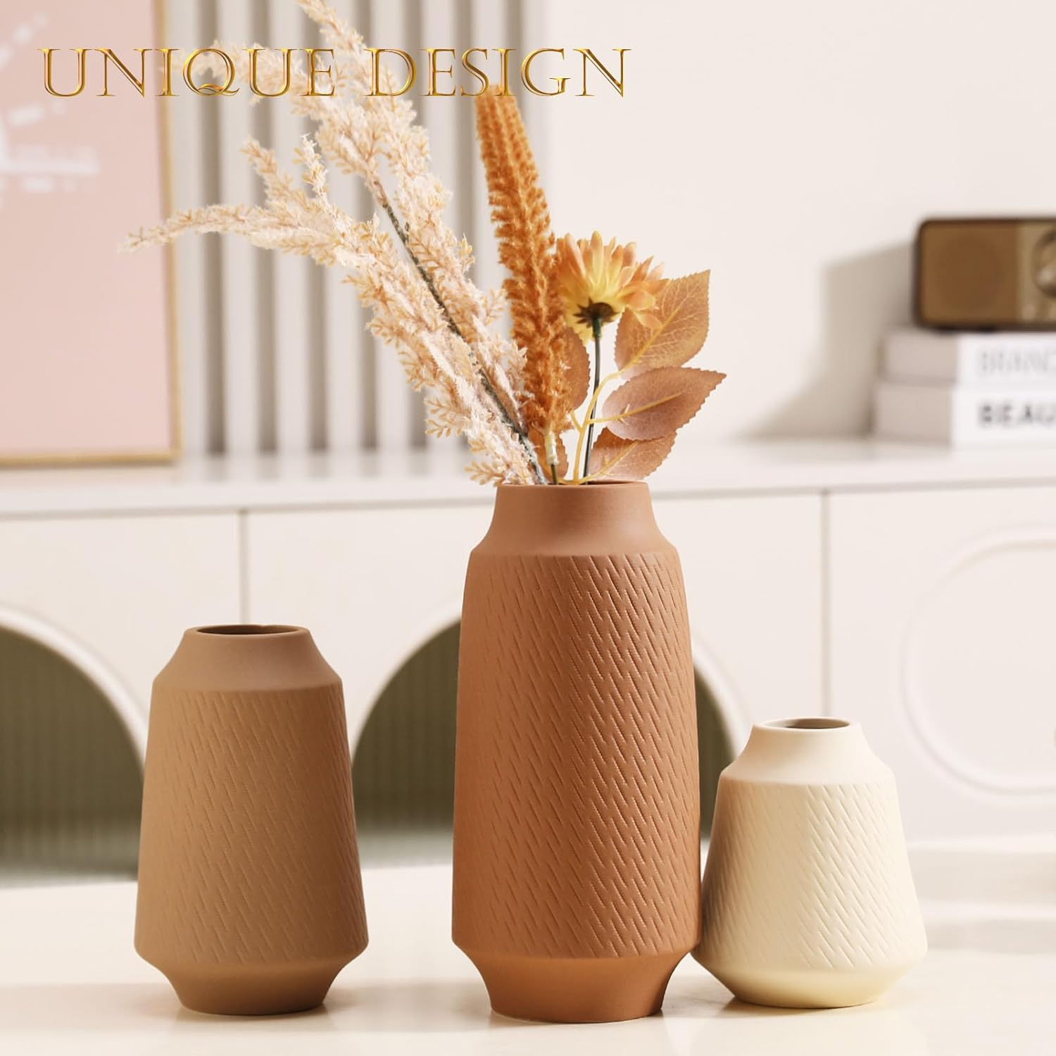 Joeabor Ceramic Vase Set of 3 - Handcrafted Ceramic Vases for Home Decor & Shelf - Modern Farmhouse Decor for Kitchen, Office, Bedroom & Living Room Decorative Objects for Mantel, Table Centerpieces