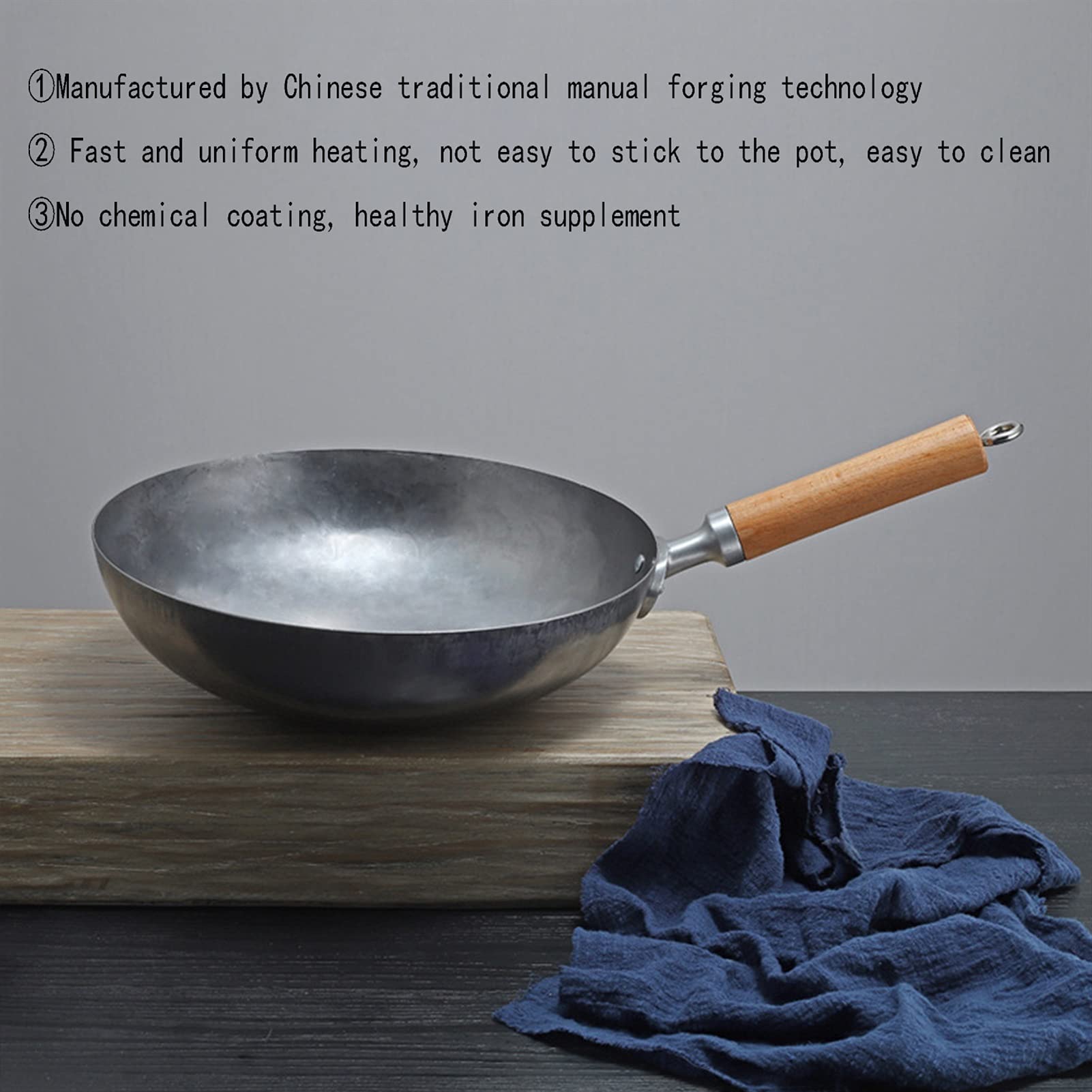 Craft Anti-aderente Wok Tradizionale Mano Martellato Acciaio al carbonio Pow Wok con Legno e acciaio Helper Handle (Fondo tondo) (Size : 34cm/13.3in)