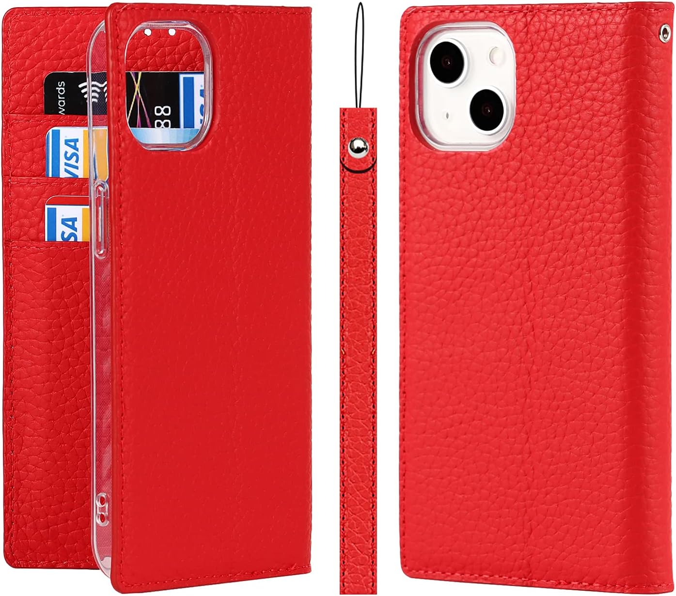 Ｈａｖａｙａ case for iPhone 13 Mini Genuine Leather Wallet case with Card Holder Flip Folio Cover with Credit Card Slots for Men and Women-Red Phone Case