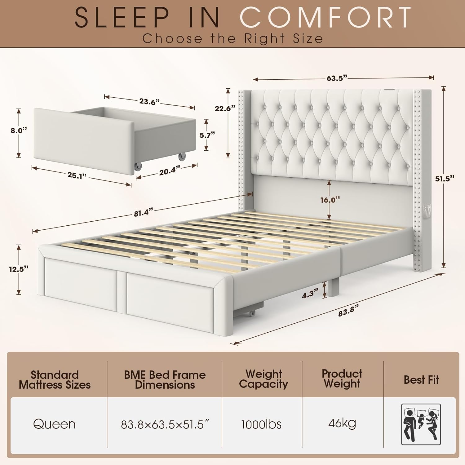 Velvet Upholstered Bed Frame Queen with Headboard and Storage, Tall Bed Frame with 2 Drawers, Tufted Wingback Bedframe Queen Size LED Light, Charging Station, No Box Spring Needed, Cream