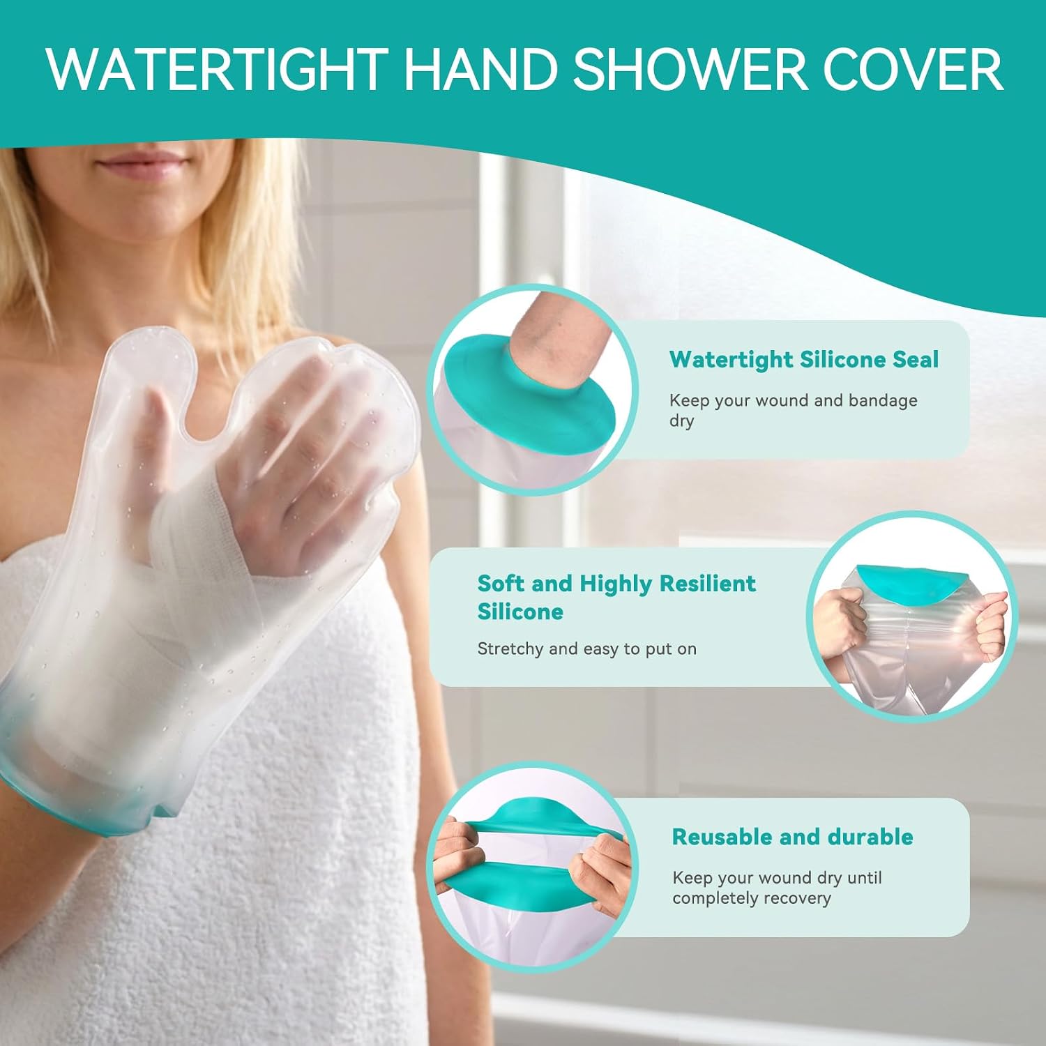 Waterproof Hand Cast Cover for Shower, Silicone Wrist Shower Sleeve After Surgery, Watertight Cast Wound Shower Protection for Hand Injury, Finger Wound Reusable