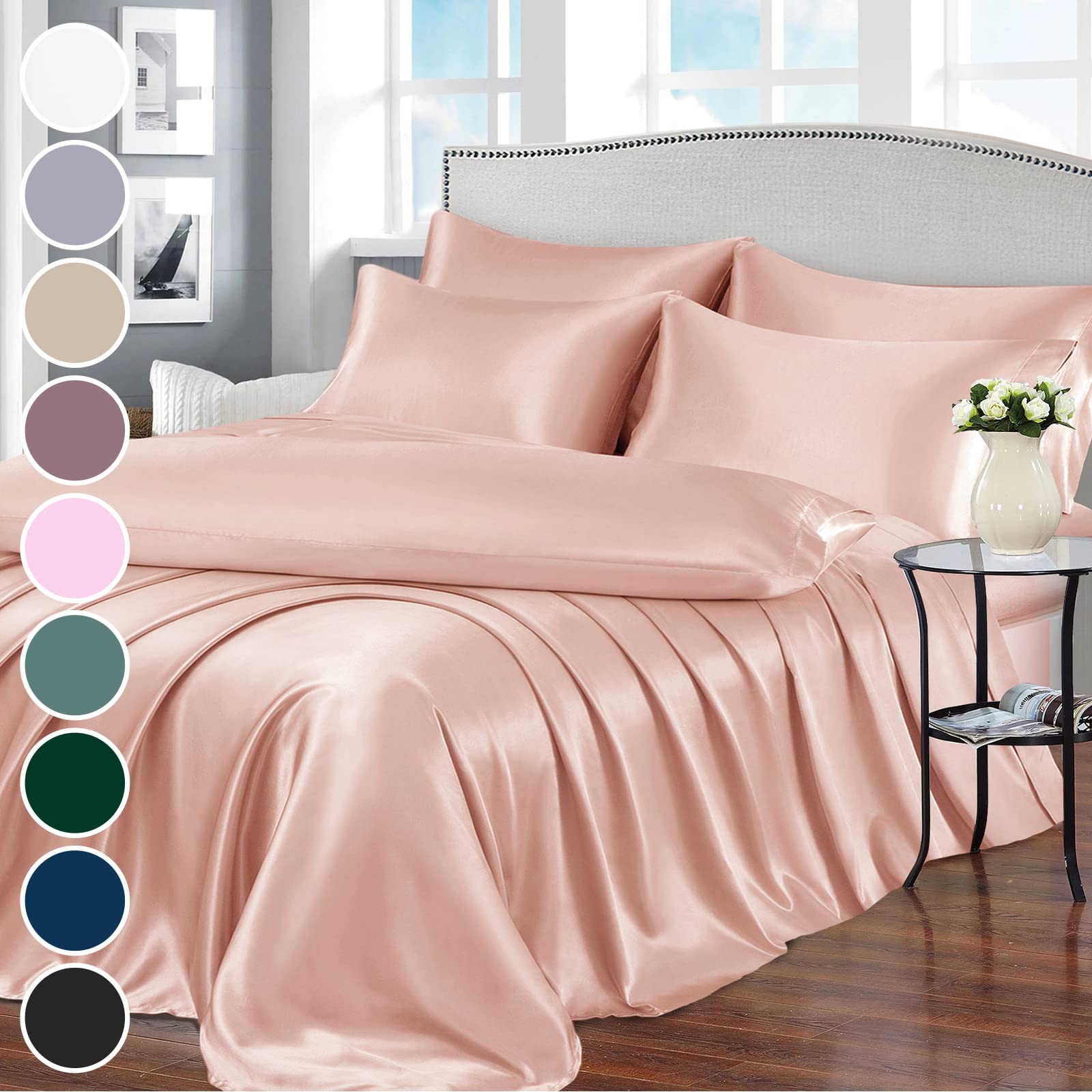 Homiest 7pcs Satin Sheets Queen Size Bed Set Satin Sheet Set, Champagne Bed Sheets Luxury Silky Satin Bedding Set, 1 Deep Pocket Fitted Sheet, 1 Soft Flat Sheet, 4 Pillowcases, 1 Body Pillowcase