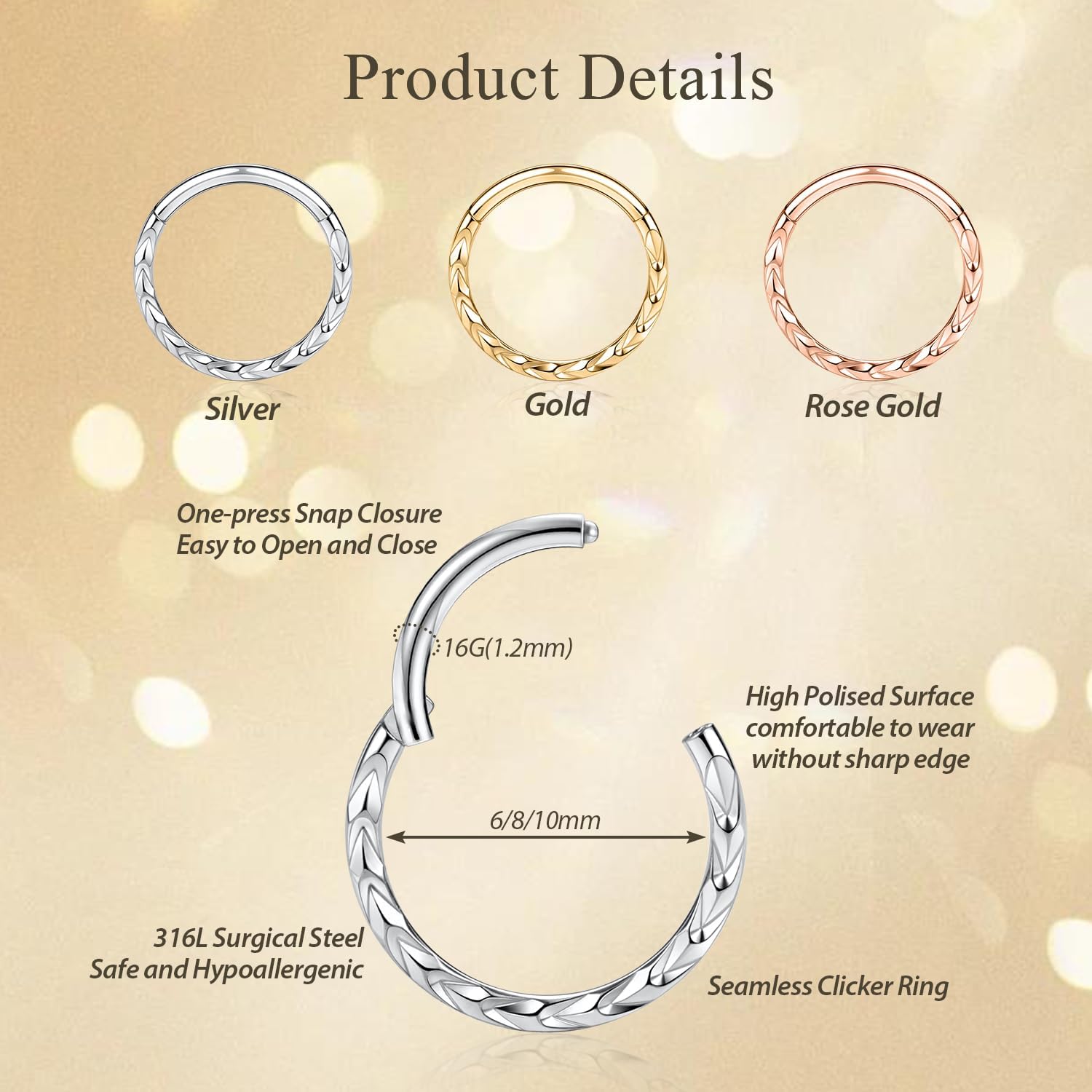 FUNLMO 18G 16G Septum Jewelry Triple Stacked Septum Nose Ring Surgical Steel Daith Conch Helix Cartilage Lobe Piercing Jewelry - Image 2