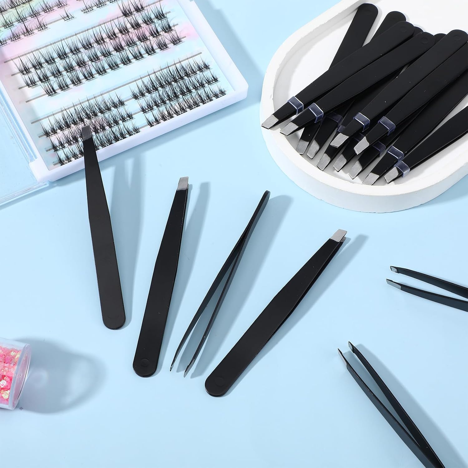 100pcs Slanted Eyebrow Tweezers, Black Stainless Steel Precision Tweezers for Facial Hair, Ingrown Hair, Lash Extensions & Personal Grooming - Bulk Professional Set
