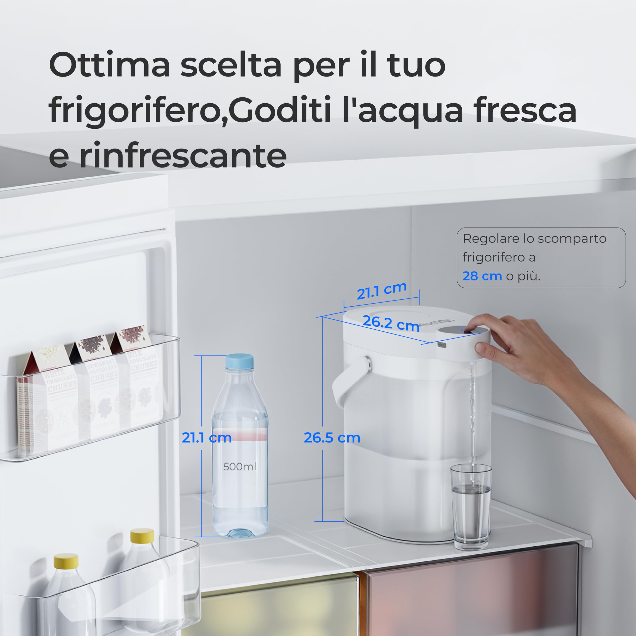 Waterdrop FreshTaste 𝐀𝐝𝐝𝐨𝐥𝐜𝐢𝐭𝐨𝐫𝐞 𝐃'𝐀𝐜𝐪𝐮𝐚 Caraffa Filtrante Elettrica L'Acqua, Dispenser Filtrante L'Acqua 4L per Frigorifero, Riduce Calcare, Cloro, Purifica, Bianco (Filtro: WD-EWFS)