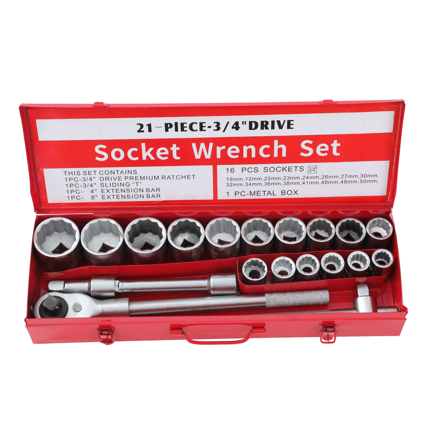 KATSU Set di Chiavi a Bussola 3/4" 21 Pezzi, 19-50mm Metrico a 12 Punte con Chiave a Cricchetto a 24 Denti in Custodia d'Acciaio, Attrezzi Meccanici Riparazione Automatica (Budget)
