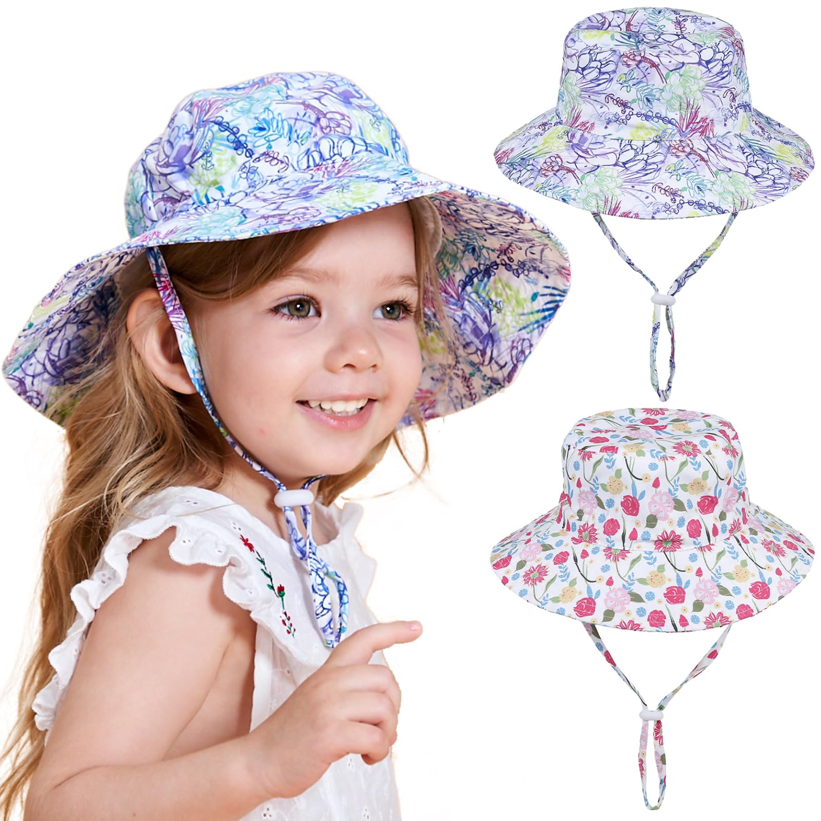 TYXHXTF2 Pcs Sombrero de Sol para Bebé, Niños Gorro Pescador, Unisexo Sombreros ala Ancha, Ajustable Plegable, Protección Solar Gorra de Playa para Niños Pequeños Niñas
