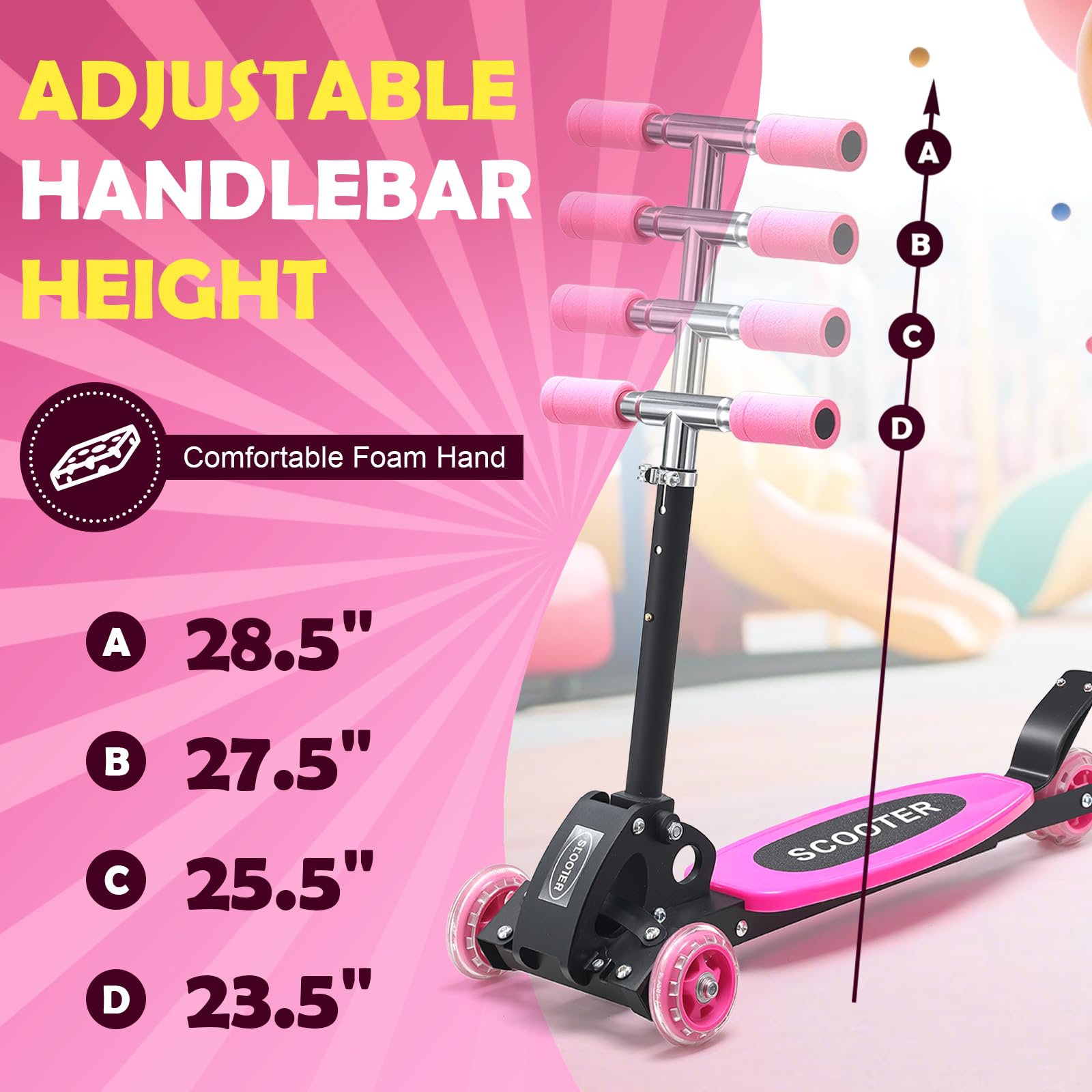 ETICSIPA 3 Wheel Scooters for Kids 2-5 Years, 4 Adjustable Heights Foldable Metal Toddler Scooter for Boys Girls Up to 120 lbs, Lean-to-Steer, Dual Rear Brake Widen Anti-Slip Deck, Pink