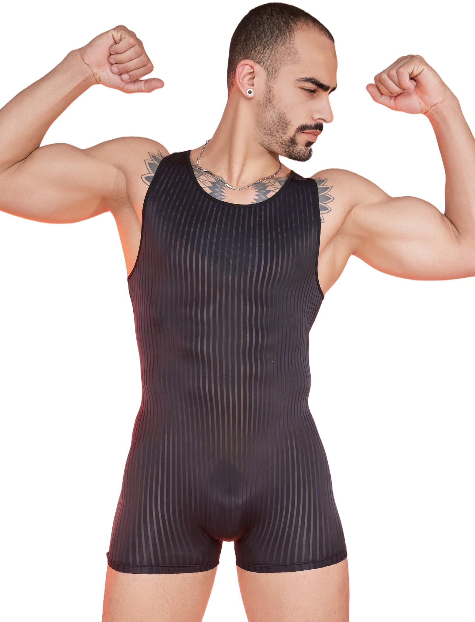 Metelam Sleeveless Striped Singlets for Workout Fitness and Exercise One Piece Bodysuit for Cycling Gymnastics and Dance Fitness Slim Fit Wresting Suit with Scoop Neck and Boxer Short Design