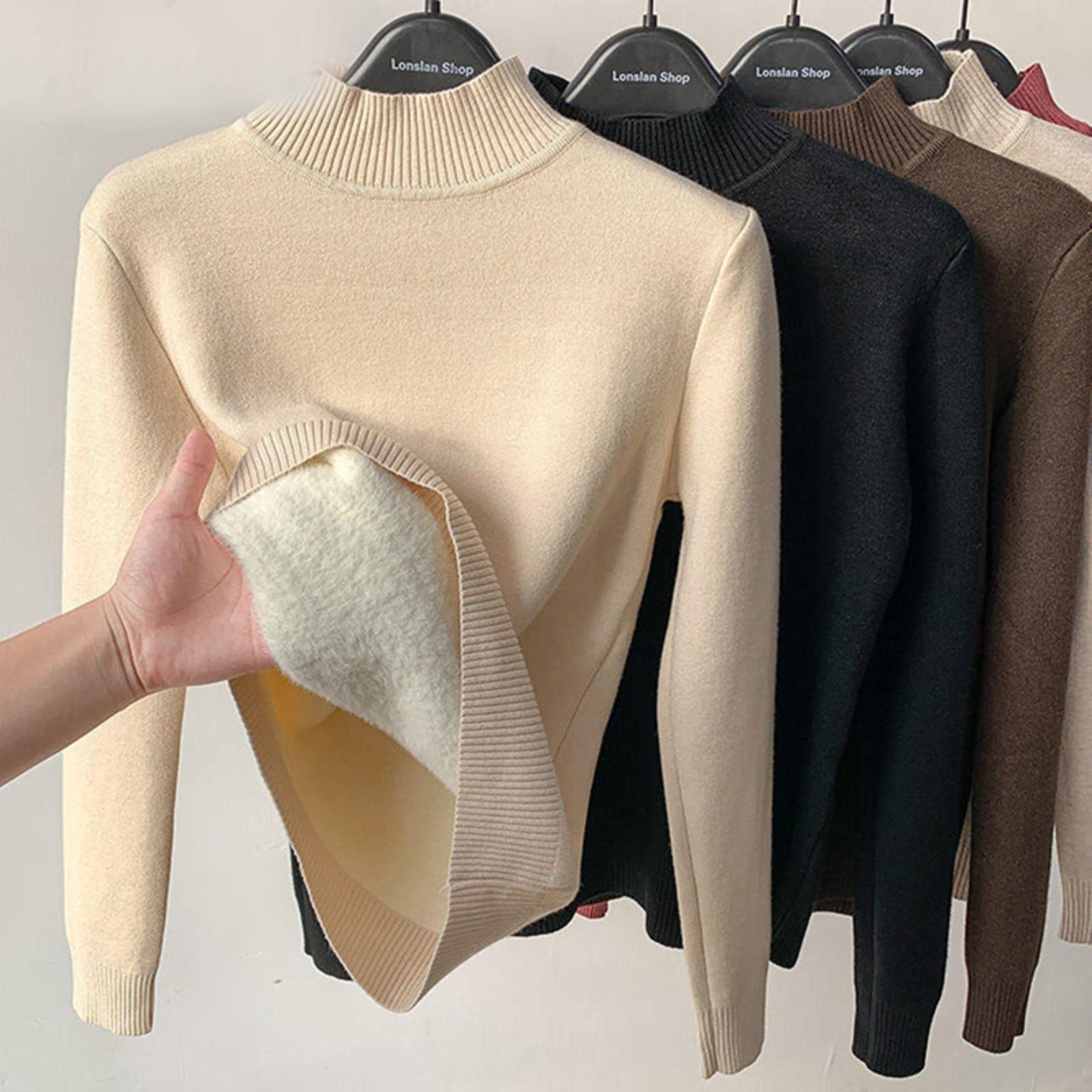Chakulamy fleece gevoerde gebreide trui voor dames, Beige winter dikke trui met ronde hals voor dames, casual warm gebreide truien met lange mouwen, fleece gevoerde gebreide kleding met geribbelde