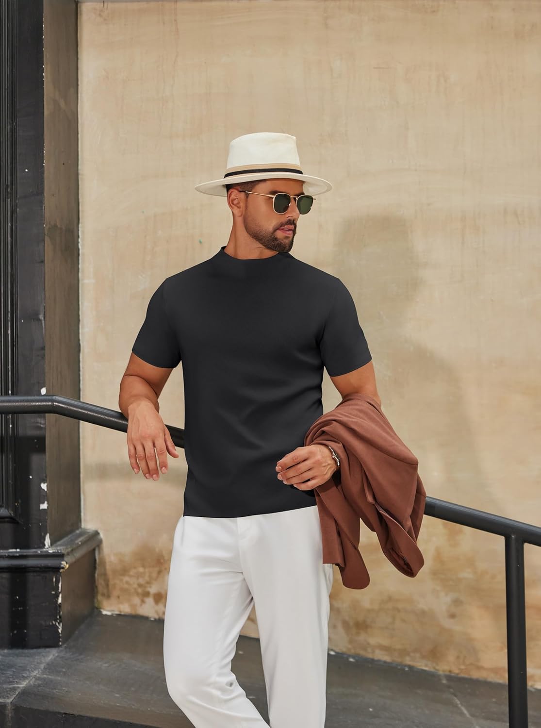 COOFANDY Men's Mock Turtleneck Sweater Short Sleeve Casual Knitted T-Shirts Thermal Tops Solid Basic Tee - Image 4